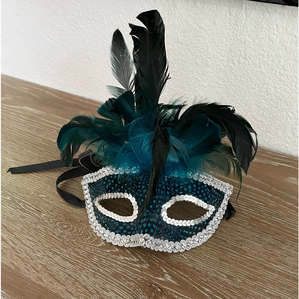 Decorative Masquerade Mask in blues and black and feathers